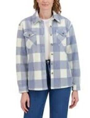 Sage Collective Womens Blue and White Plaid Fleece Lined Shacket/Jacket XXL